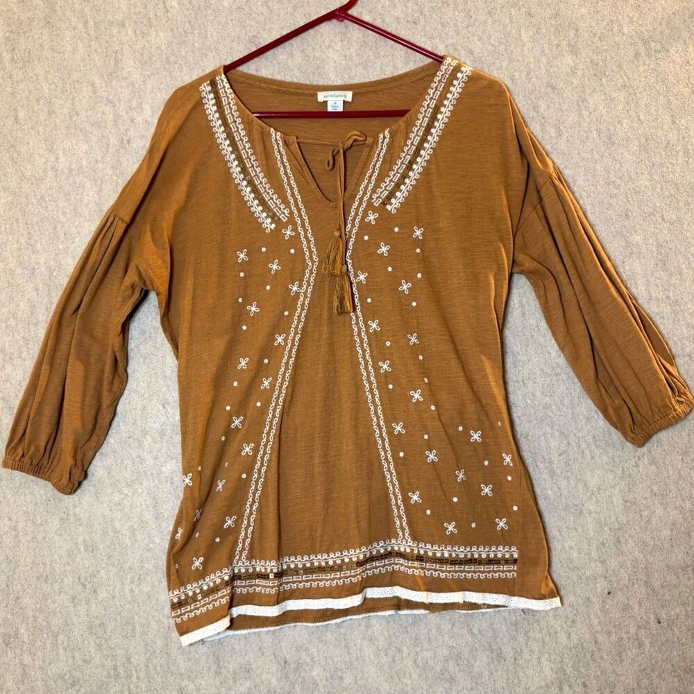 Sundance Women’s M Embroidered Boho Tunic Top Rust Brown Peasant Tie Front